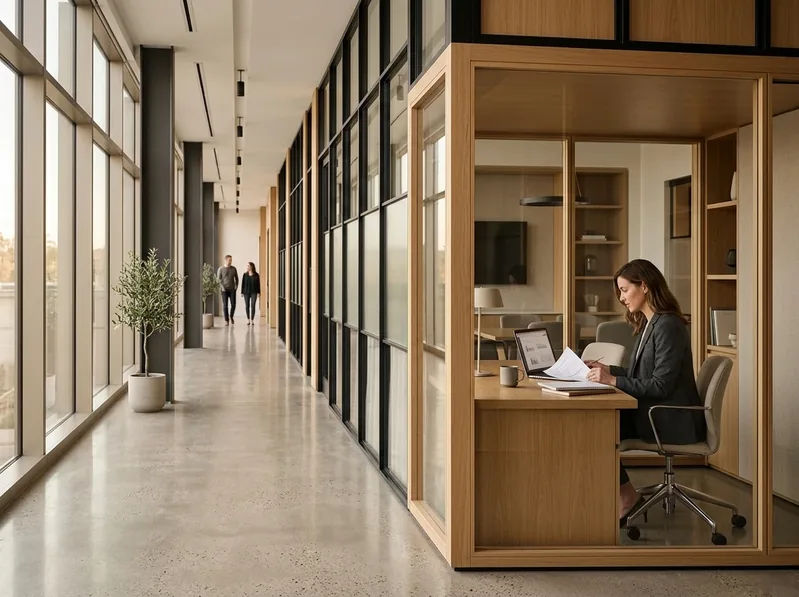 Modern healthcare consulting architectural workspace with glass partitions