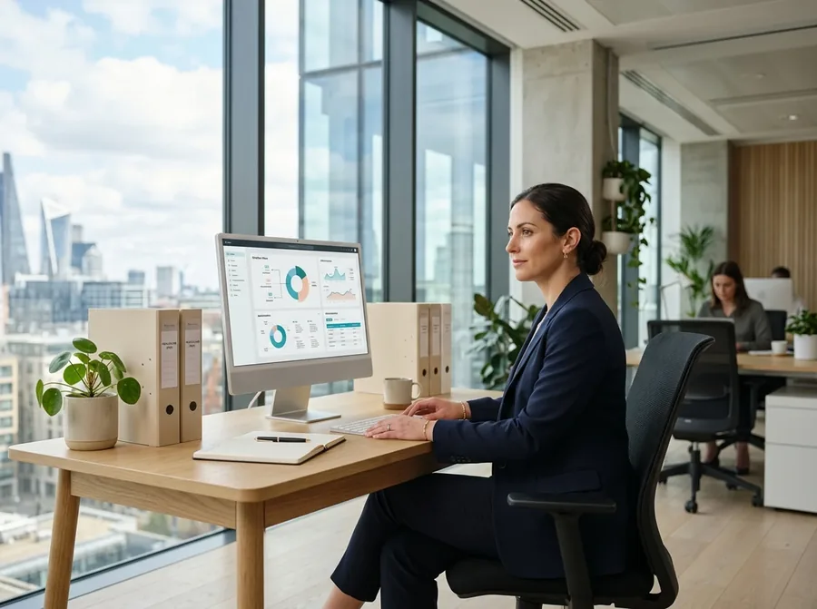 Sophisticated modern healthcare administrative workspace with glass partitions and natural daylight