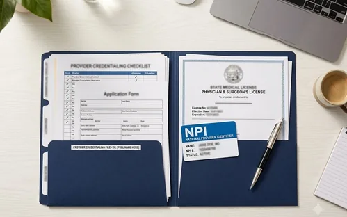 Healthcare provider credentialing folder with organized onboarding documents, medical license, and NPI card on a clean desk.