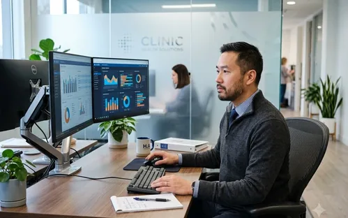 Healthcare administrator reviewing insurance eligibility data at a modern dual-monitor workstation.