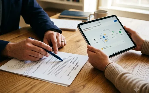 Close-up of hands reviewing clinical authorization documents and tablet showing approval workflow.
