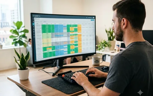 Billing specialist entering healthcare service charge data at a modern standing desk workstation.