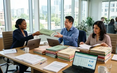 Healthcare operations team reviewing completed claim folders at a conference table.