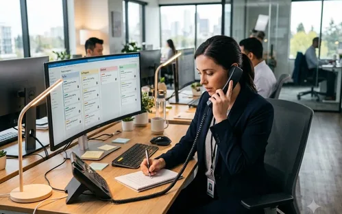 Healthcare analyst monitoring claim status on a large monitor while taking notes during a phone call.