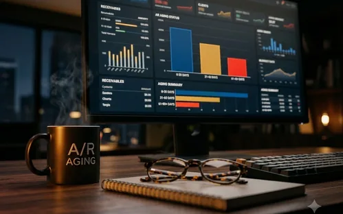 Monitor displaying accounts receivable aging dashboard with bar charts on a professional desk.