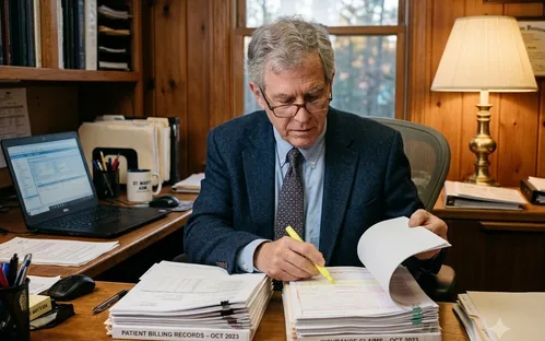Senior billing specialist comparing two stacks of documents and highlighting items for denial resolution.