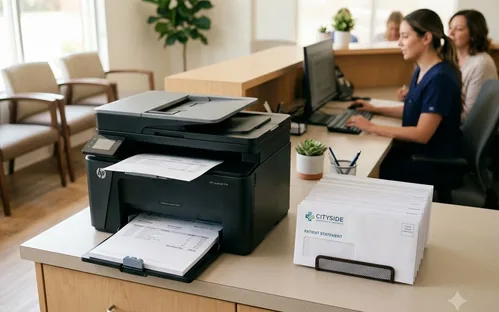 Clean patient billing statements and branded envelopes at a modern medical office reception area.