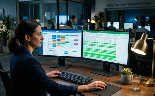 Sophisticated dual-monitor healthcare operations workstation displaying EMR and financial reconciliation interfaces.