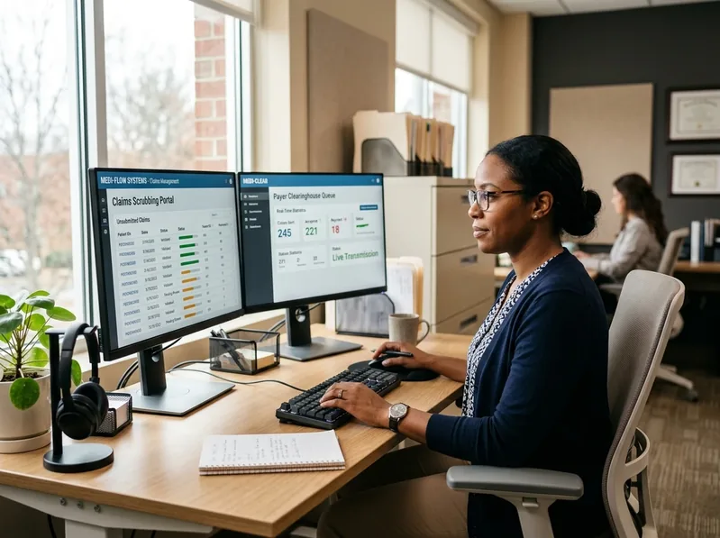Professionals reviewing electronic claims workflow